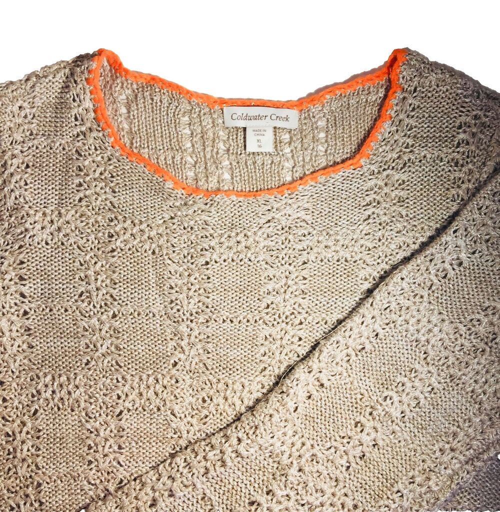 Coldwater Creek Sweater XL Open Knit Beige Orange Metallic threads NWT